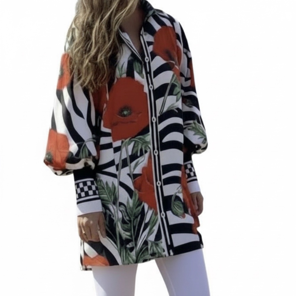 #A322   Nancy Artistic Style Floral Zebra Print Button-Down Shirt Dress NWOT M